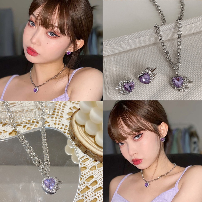 Bộ Vòng cổ + Bông Tai Hình Trái Tim Màu Tím Ngọt Ngào Thời