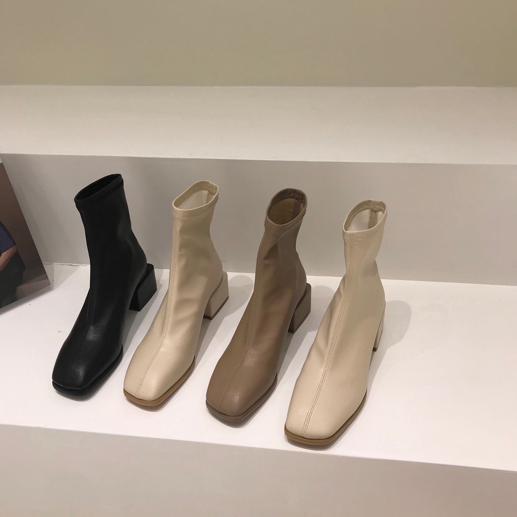 Giày Bốt Cao Gót Mũi Vuông Phong Cách Anh Quốc Thời Trang Xuân Thu Mới Cho Nữ