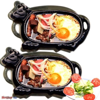 chảo gang bò bít tết chống dính ( kèm đế gỗ)