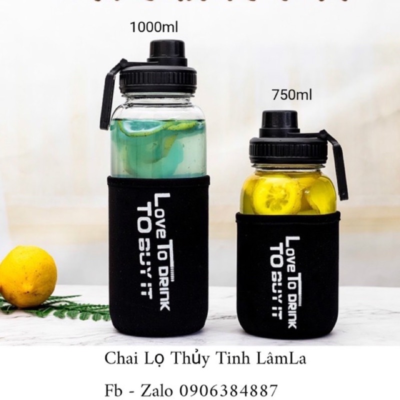 Bình Thuỷ Tinh Uống Nứơc Thể Thao Bọc Mút Love To Drink  750ml - 1000ml