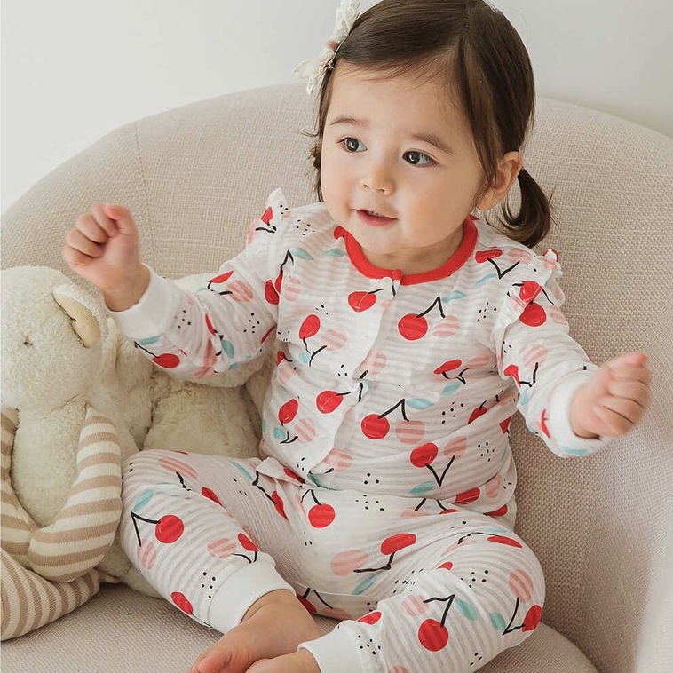 Bộ Dài Tay Cao Cấp Bé Gái Nội Địa Hàn Quốc Của Hãng Corrdii, Chất Cotton Giấy Organic, Mẫu Cherry