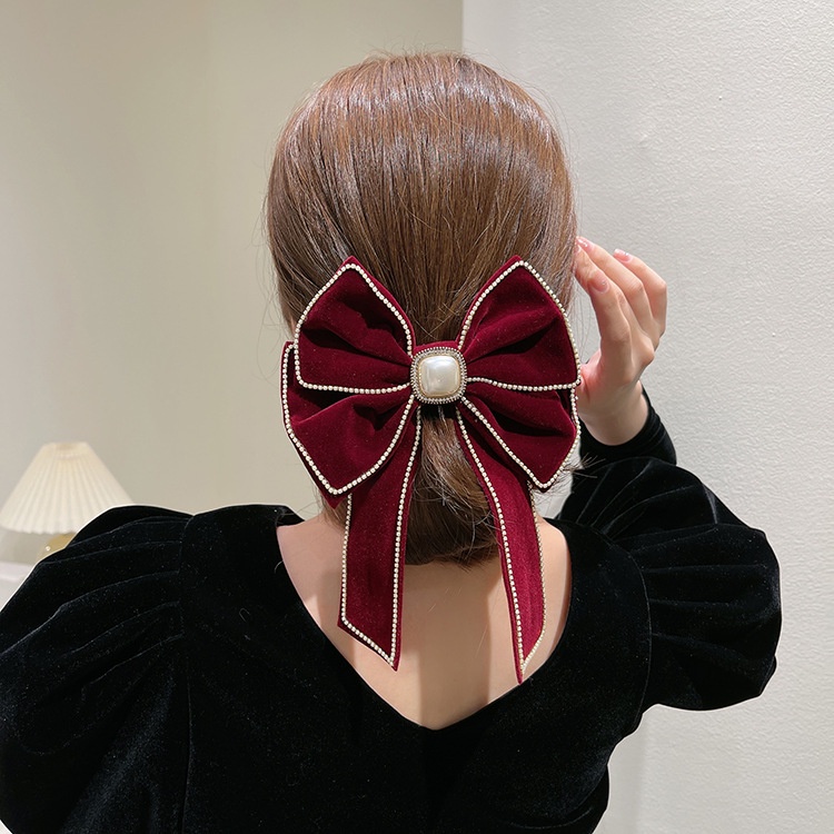 Kẹp Tóc Nơ Hai Lớp Đính Đá Và Ngọc Trai Xinh Xắn Cho Nữ