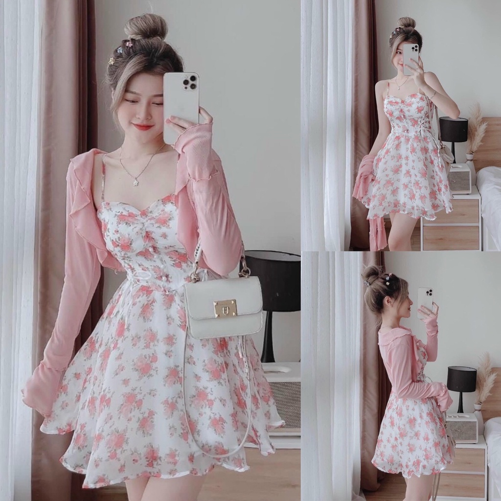 Sét Đầm Váy Nữ 2 Dây Voan Hoa Đính Cườm Kèm Áo Khoác Ngoài Tay Dài Thiết Kế Sang Chảnh Đi Làm Công Sở, Dạ Hội Và Du Lịch