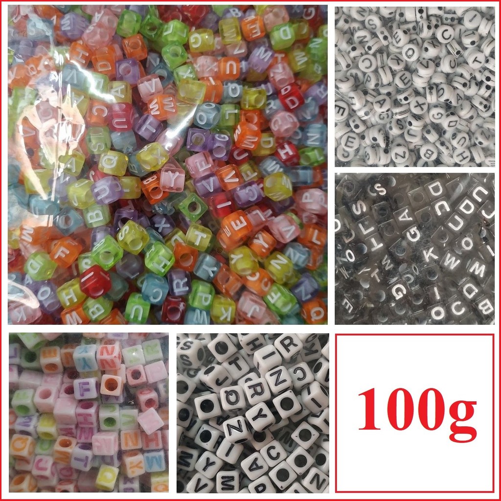 100gr hạt cườm nhựa in chữ cái nhiều màu (hơn 350 chữ) - Nguyên liệu làm vòng tay, handmade