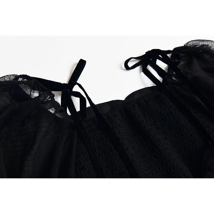 Áo Trễ Vai Tay Phồng Xếp Ly Màu Xanh Dương Thời Trang Mùa Hè Hàn Quốc 2022 Dành Cho Nữ