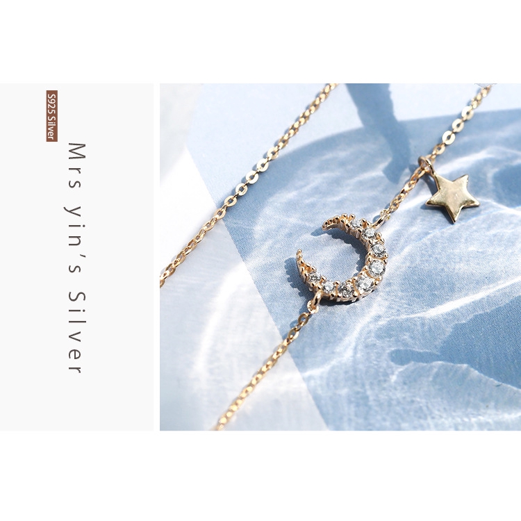 Dây chuyền bạc 925 mặt hình ngôi sao mặt trăng đính đá zircon phong cách Hàn Quốc dễ thương