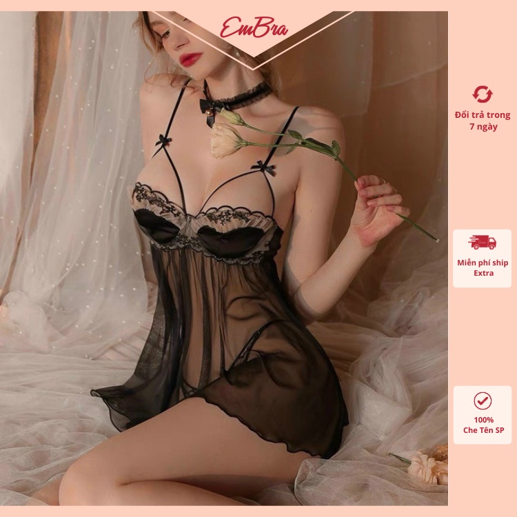 Váy ngủ Embra voan lưới cao cấp dây nơ ngực EBV26