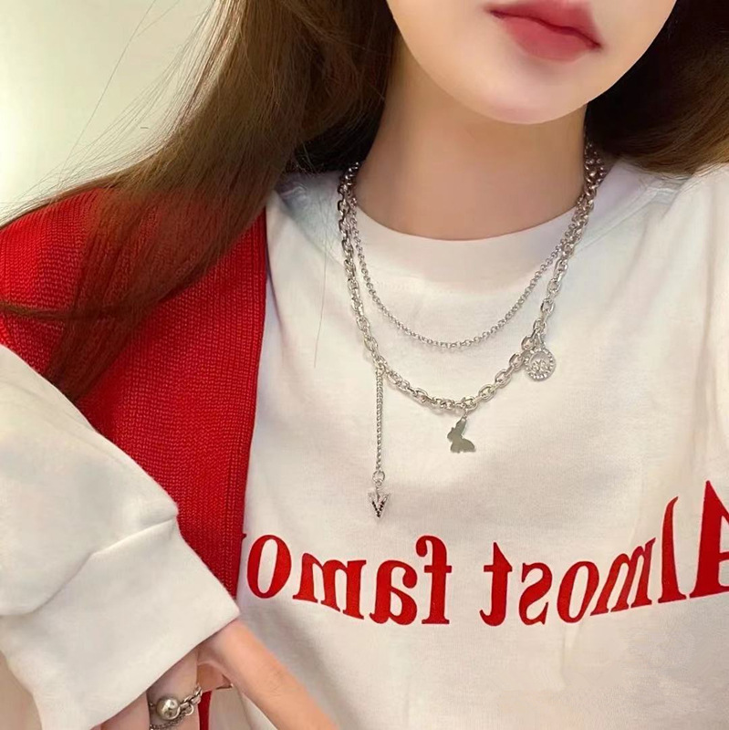 Dây chuyền thiết kế hai lớp mặt hình bướm giọt nước phong cách Hàn Quốc hip hop