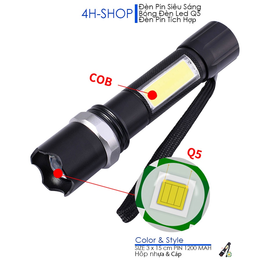 Đèn pin siêu sáng Led Q5 đèn cạnh COB, dùng pin sạc 1200mah, kim loại nhôm kèm hộp nhựa và cáp sạc cổng USB.