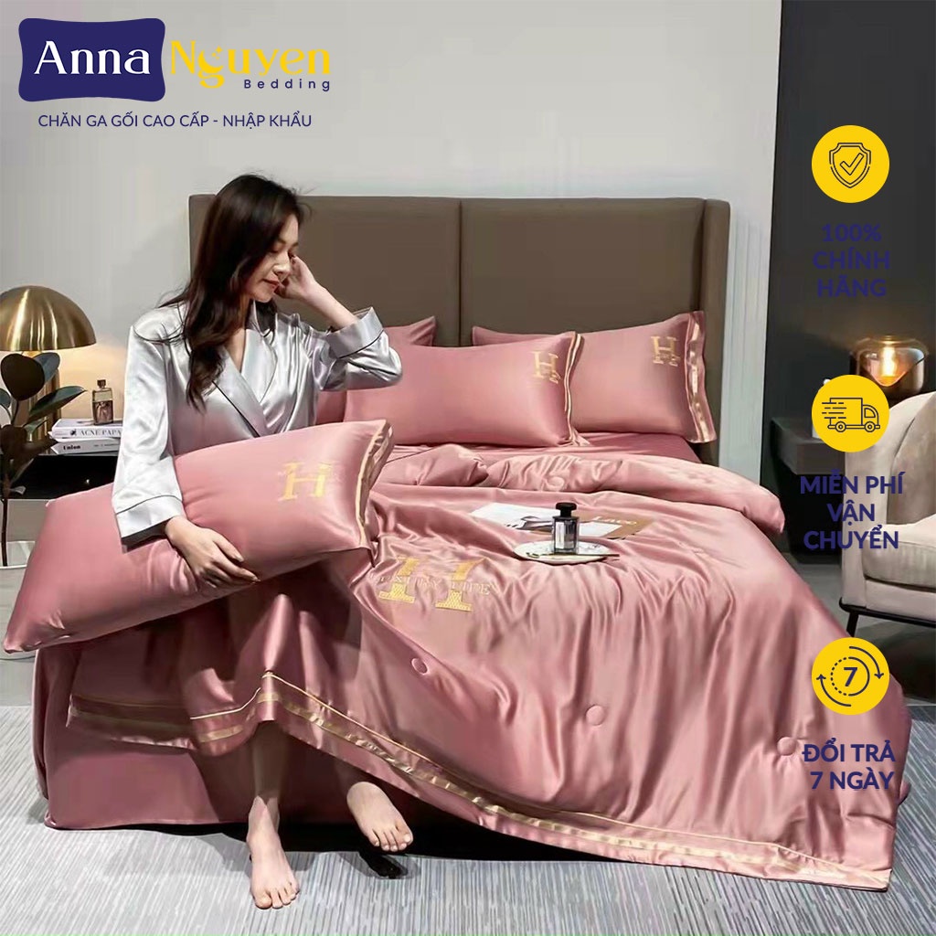 Bộ Chăn Ga Gối Đệm Lụa Thái Chữ H Luxyry Drap Giường Phi Bóng Cao Cấp Bo Chun Drap - Anna Nguyen Bedding
