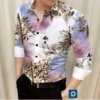 Áo Sơ Mi Lụa Nam Họa Tiết Trúc Đẹp 2 màu trắng- đen Sơmi Nam Hàn Quốc Cao Cấp chất Vuajeansl