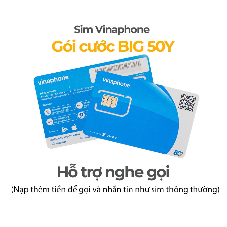 Sim 4G Vinaphone BIG50Y Có 5GB/Ngày  Tốc Độ Cao - Miễn Phí 16 Tháng - Free Tỷ Gb Tiktok, Youtube, Zalo, My TV