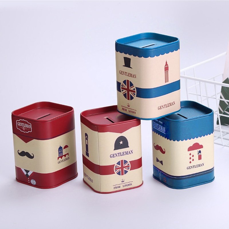 Hộp Đựng Tiền Tiết Kiệm Hình Vuông Bằng Thiếc Kiểu London Dễ Thương Ốp