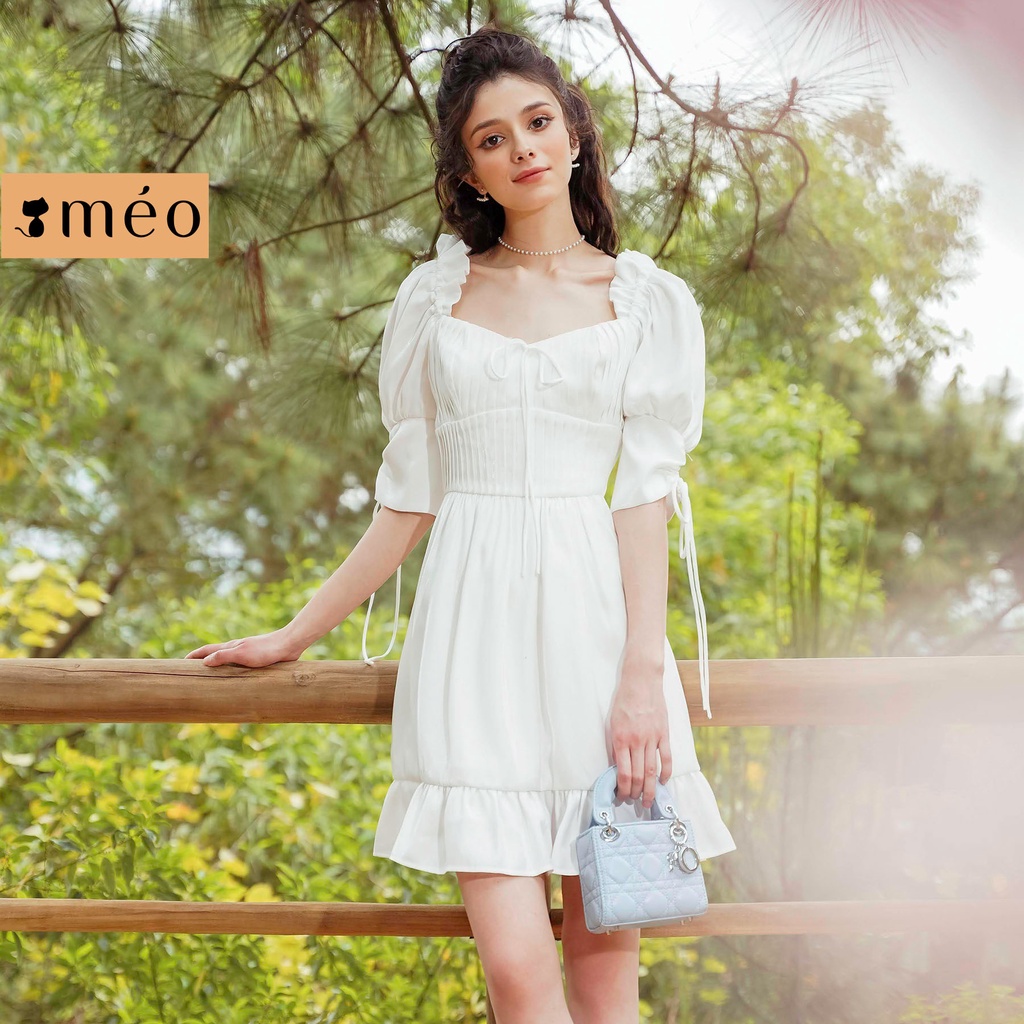 Váy liền nữ Méo shop tay bèo nhún cổ vuông cúp ngực tay lỡ Lindy