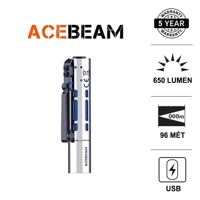 Đèn pin ACEBEAM RIDER RX BẠC sáng 650 lumen xa 96m bóng LED Nichia 219F CRI 90 sử dụng 1 pin 14500 Đèn &amp; Đèn pin