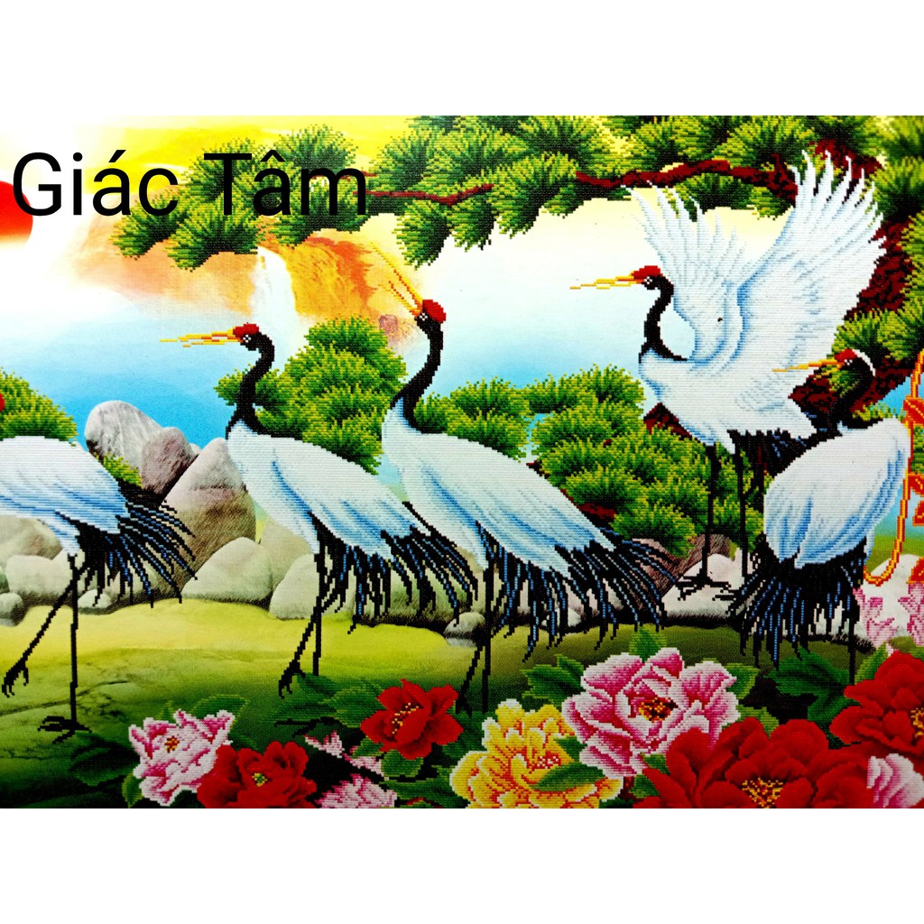 Tranh thêu BÁT HẠC ĐỒNG XUÂN - 143x76cm - AL.53298 AL53298 - 8 HẠC HOA MẪU ĐƠN TÙNG CHỮ - tranh thêu chữ thập chưa thêu