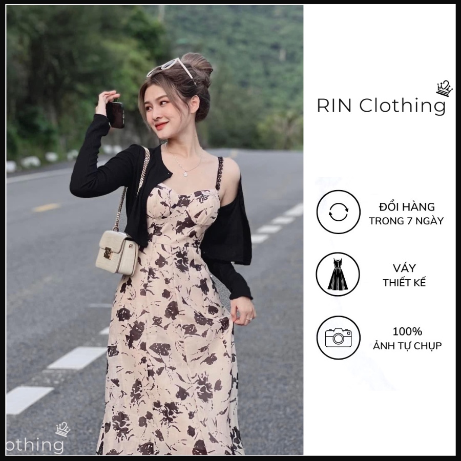 SET VÁY 2 DÂY KÈM ÁO KHOÁC - SET VÁY 2S HOA NHÍ DÂY REN MIX CARDIGAN ĐEN RIN CLOTHING - SET VÁY NƯ SANG CHẢNH