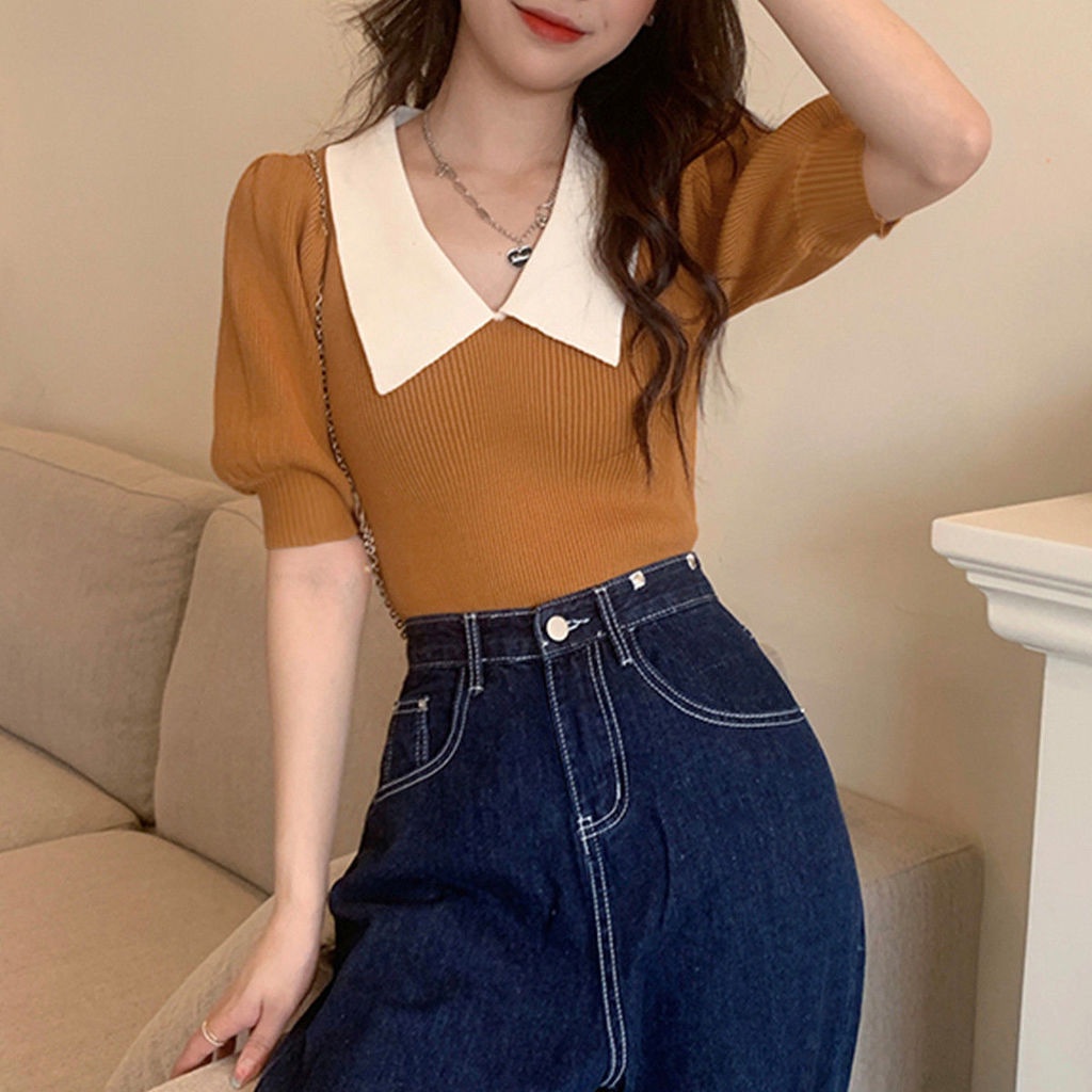 Áo Polo Dệt Kim Ngọt Ngào 185556 Áo Thun Ngắn Tay Thời Trang Mùa Hè Trẻ Trung