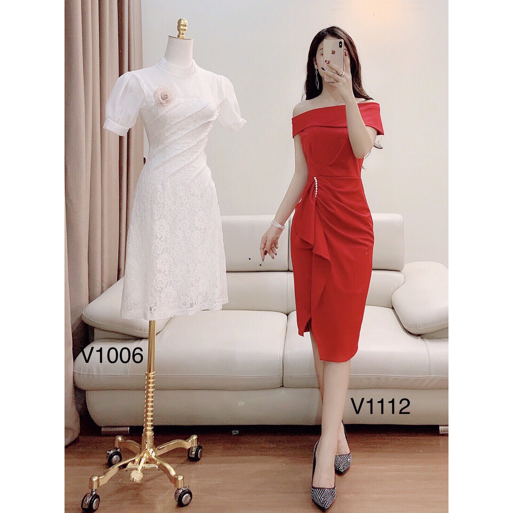 [ xả kho ] MiD Đầm đỏ trễ vai ngọc eo hàng thiết kế V1112 Mie Design ảnh thật