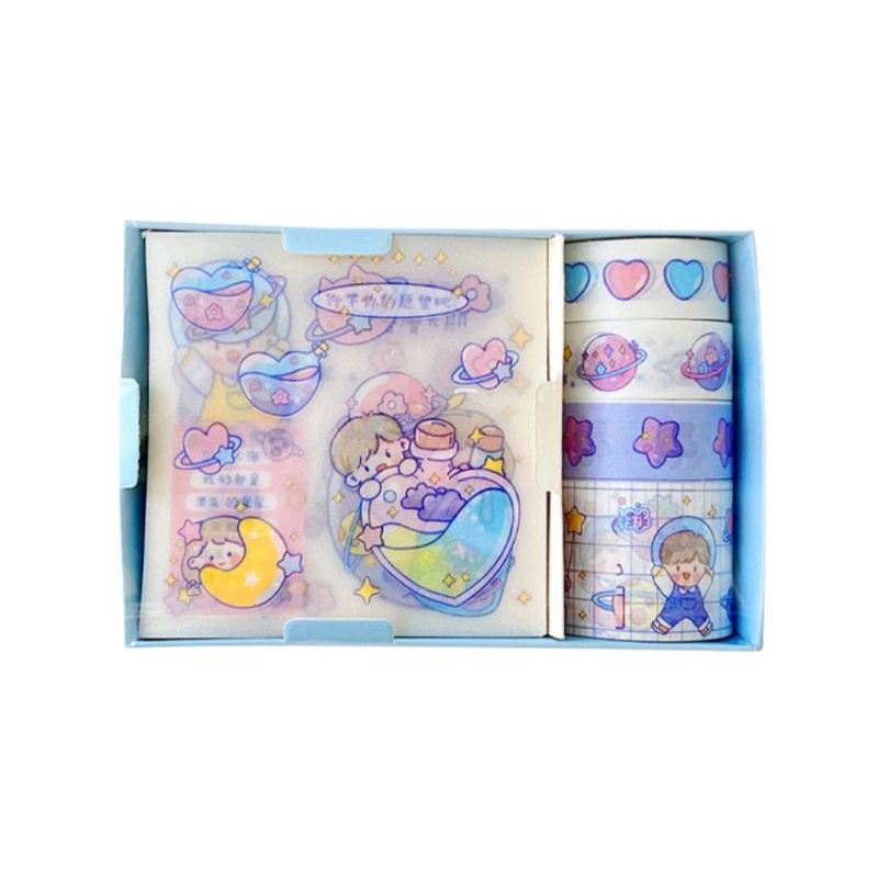 Hộp 4 tấm sticker và băng keo washitape 4 cuộn mã XM-20801, có clip