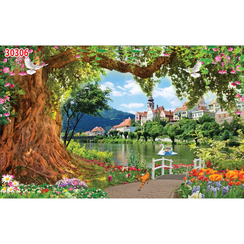 Tranh dán tường 3d thác nước rừng cây thiên nhiên