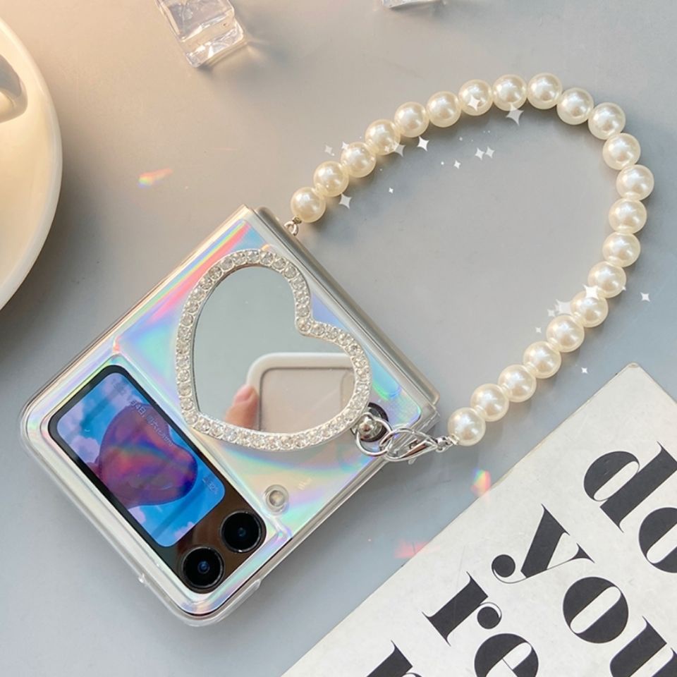 Bao Da Điện Thoại Nắp Gập Trái Tim Đính Đá Lấp Lánh Chống Sốc Gắn Kèm Gương Cho samsung galaxy z flip 4g 4 3 flip3 flip4 5g Ốp