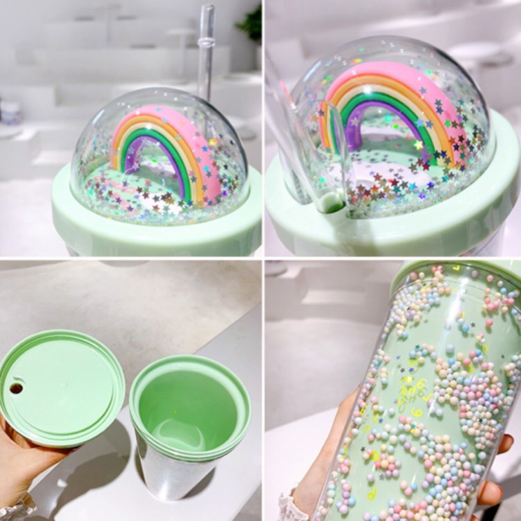 450ml nhựa cốc Ánh Sáng Sao cốc cầu vồng Cốc Starbucks rơm cup đáng yêu double-layer uống cup với rơm