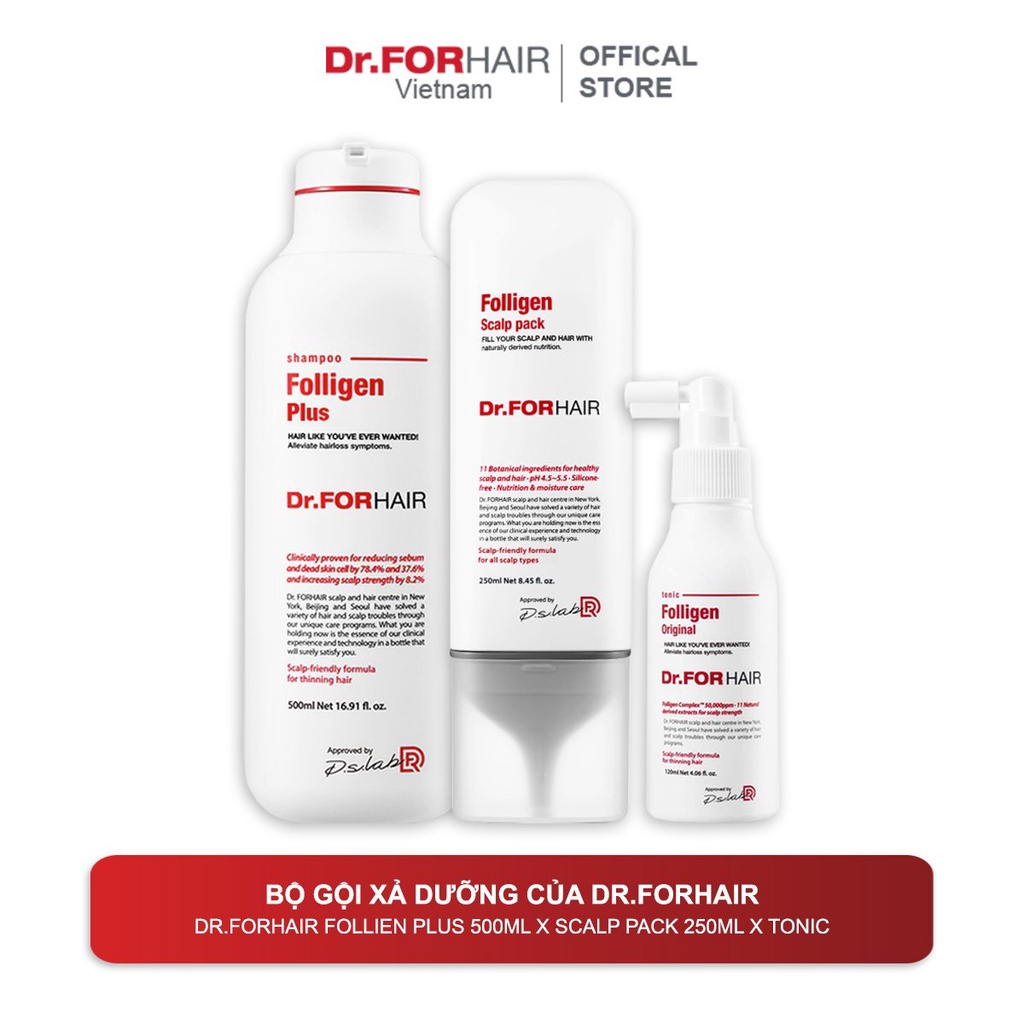 Bộ gội xả dưỡng HỖ TRỢ MỌC TÓC, nuôi dưỡng da đầu khỏe mạnh của Dr.FORHAIR: Folligen Plus x Scalp Pack x Tonic