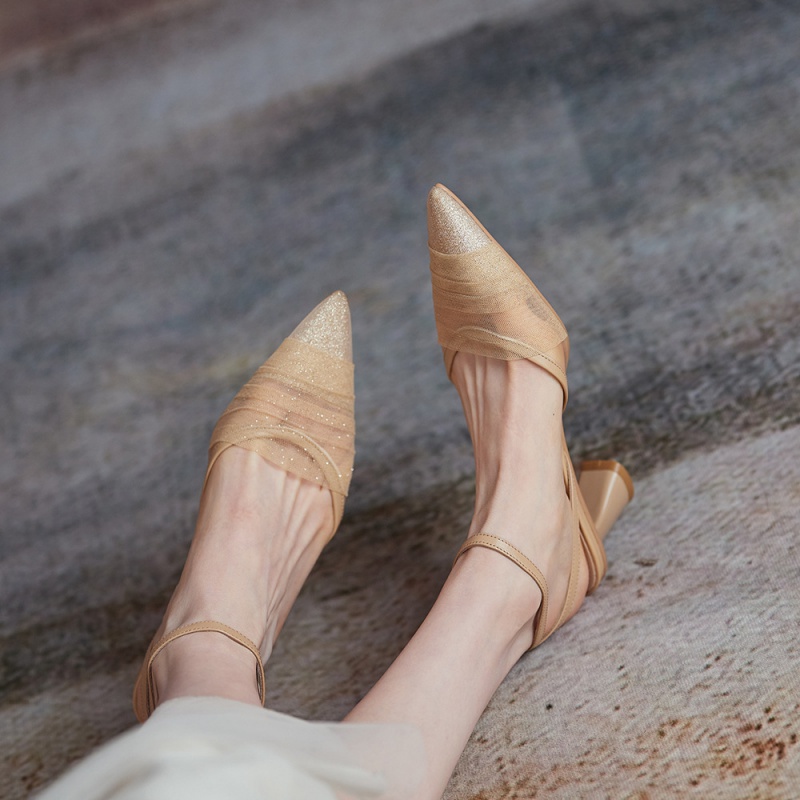 Giày Sandal Cao Gót Dày Phối Lưới Thanh Lịch Quyến Rũ Dễ Phối Đồ Thời Trang Cho Nữ