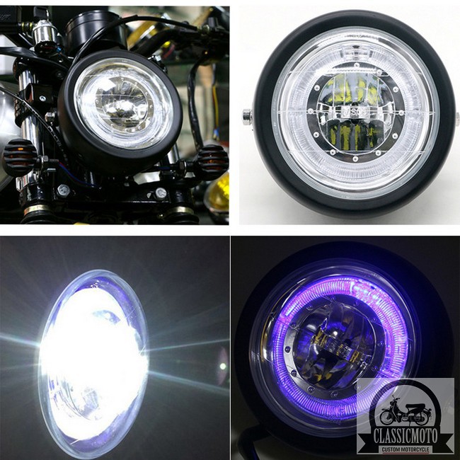 ĐÈN PHA XE MÁY ĐỘ CLASSIC - Đèn pha led viền xanh độ Cafe Racer Tracker CG125 SU GN125 Win