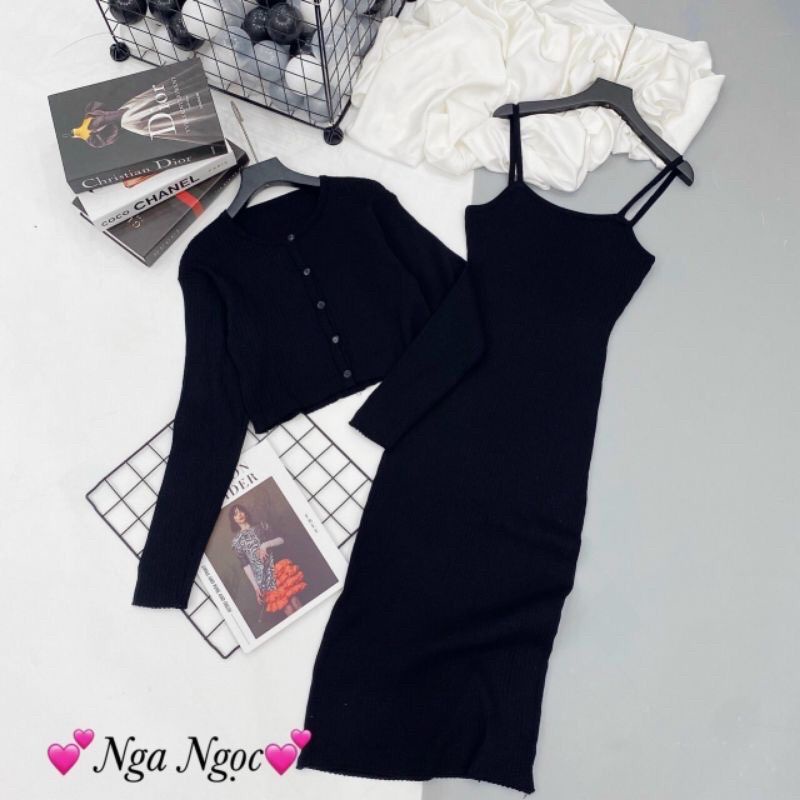 Set váy len body 2 dây mong kèm áo khoác ngoài hàng QC ảnh khách mặc cuối