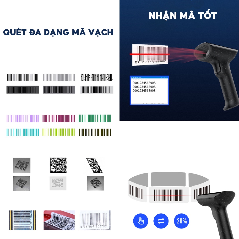 Máy quét mã vạch HAN IN, súng bắn mã vạch Barcode, QR kết nối với máy tính