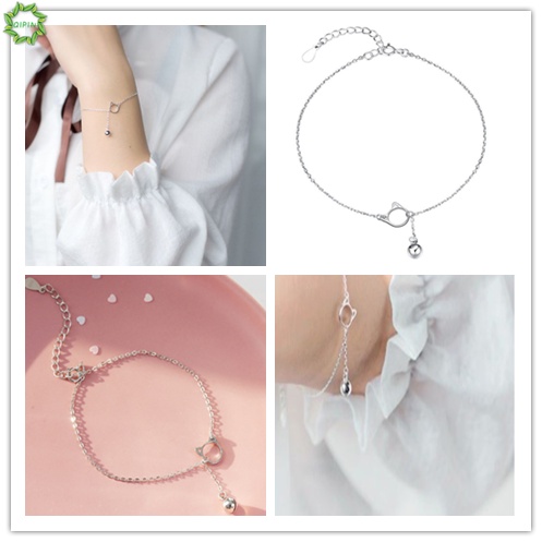 Vòng tay bạc 17cm đính chuông và chú mèo màu sắc phong cách Hàn Quốc thời trang cho nữ