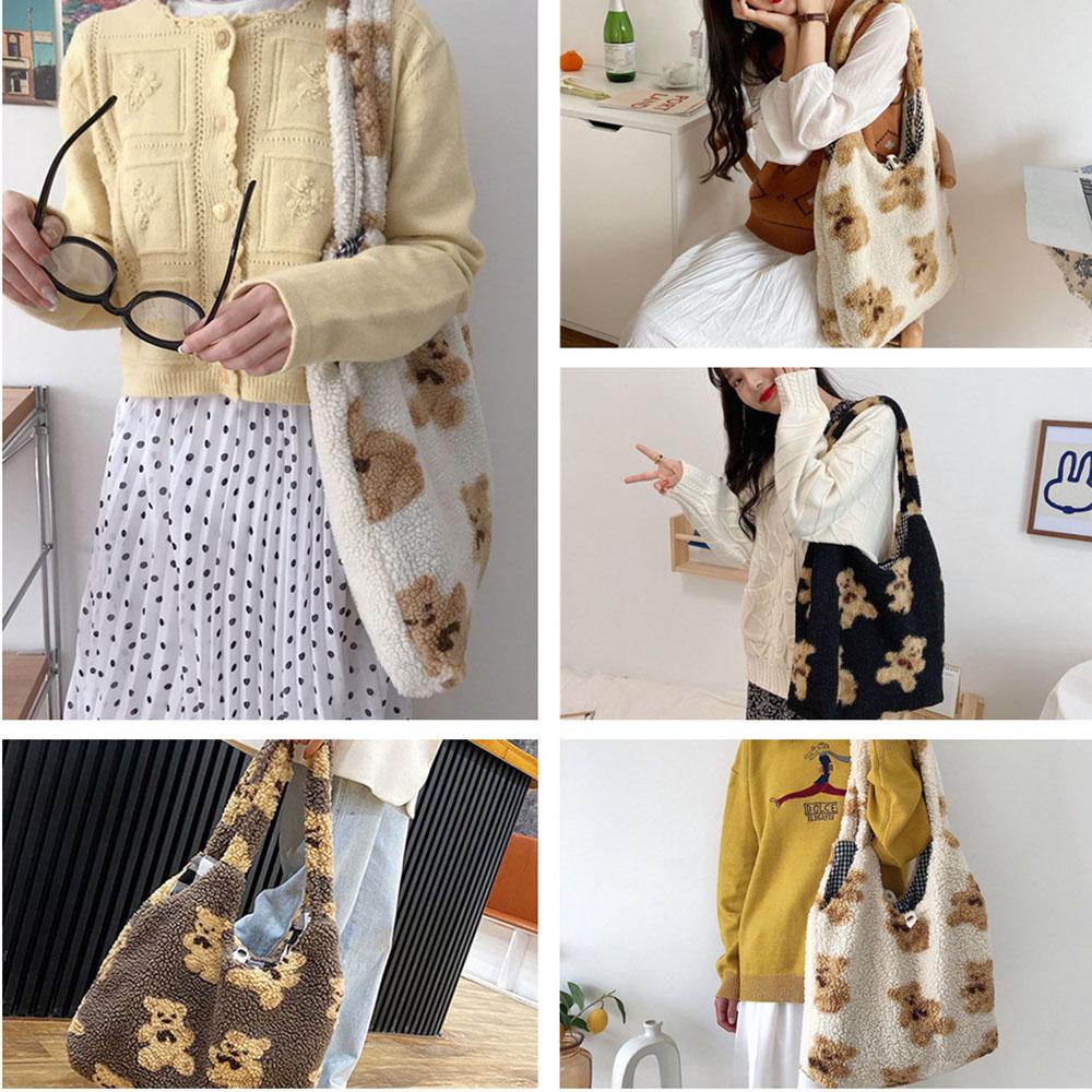 Qqmall Túi Tote Canvas Lông Cừu Dễ Thương Đeo Vai Đi Mua Sắm Cho Nữ