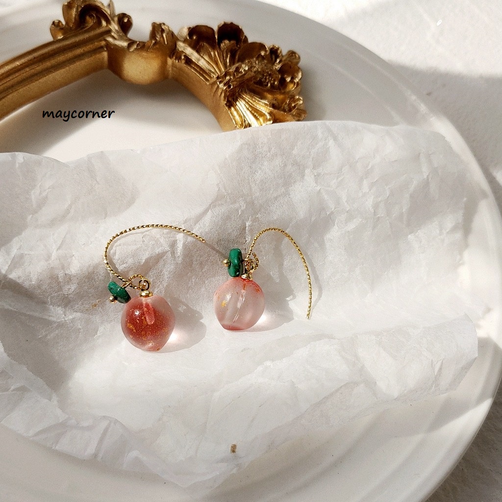 Khuyên tai cao cấp mạ 925 kiểu dáng quả đào hồng trong kim tuyến