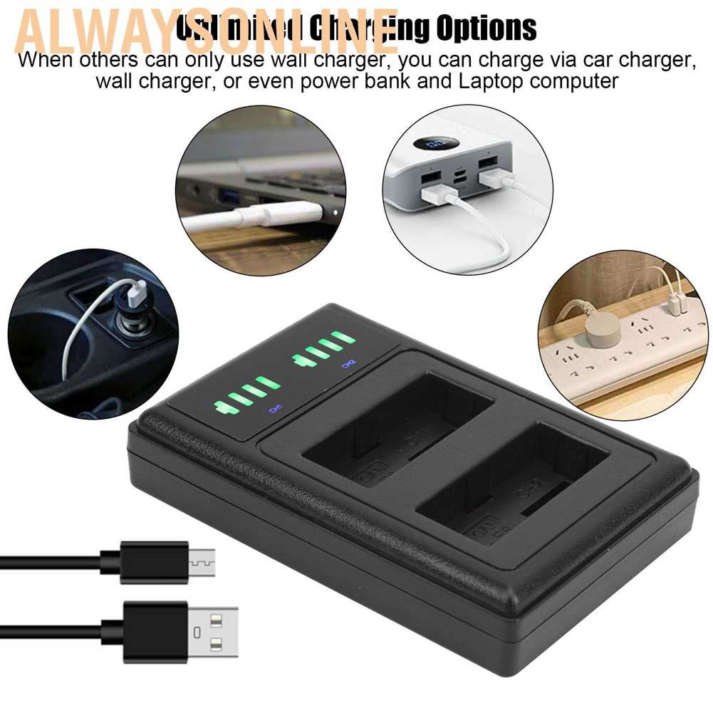 Alwaysonline Double Charging Station Fast Charger Micro Type‑C LCD Display for LP‑E8 Camera Battery