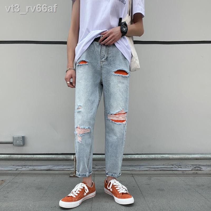 Quần jean rách cec phong cách Hồng Kông dành cho nam giới mùa hè mỏng hợp thời trang thương hiệu ống rộng cắt thẳn