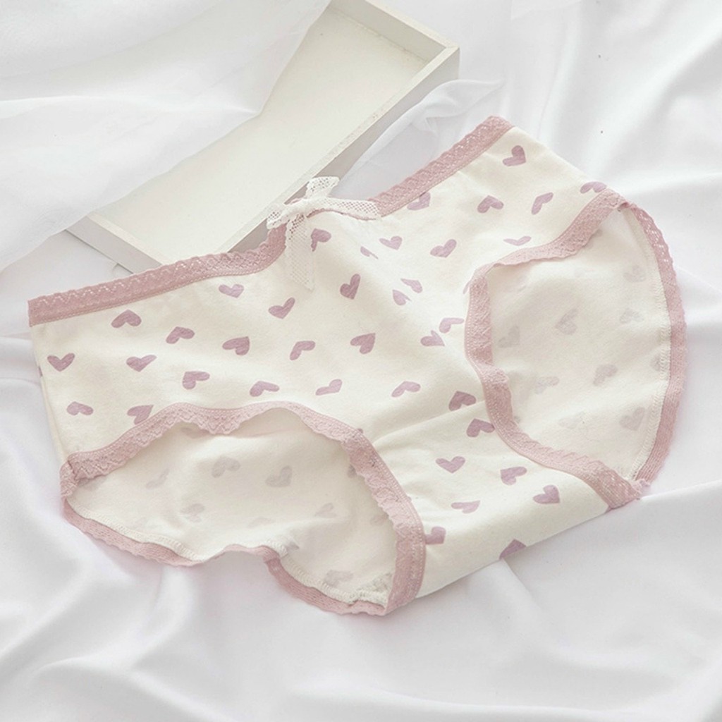 Quần Lót Nữ Cotton Viền Ren Cạp Thấp Tim Hồng Thấm Hút Mềm Mịn QC23