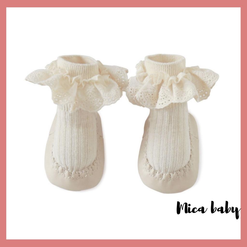 Giày tất tập đi chống trơn trượt viền ren đáng yêu cho bé Mica baby T07