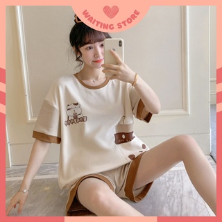 Đồ bộ cộc hè mặc nhà mặc mặc ngủ màu kem kute vải mát, mềm mại cctt02