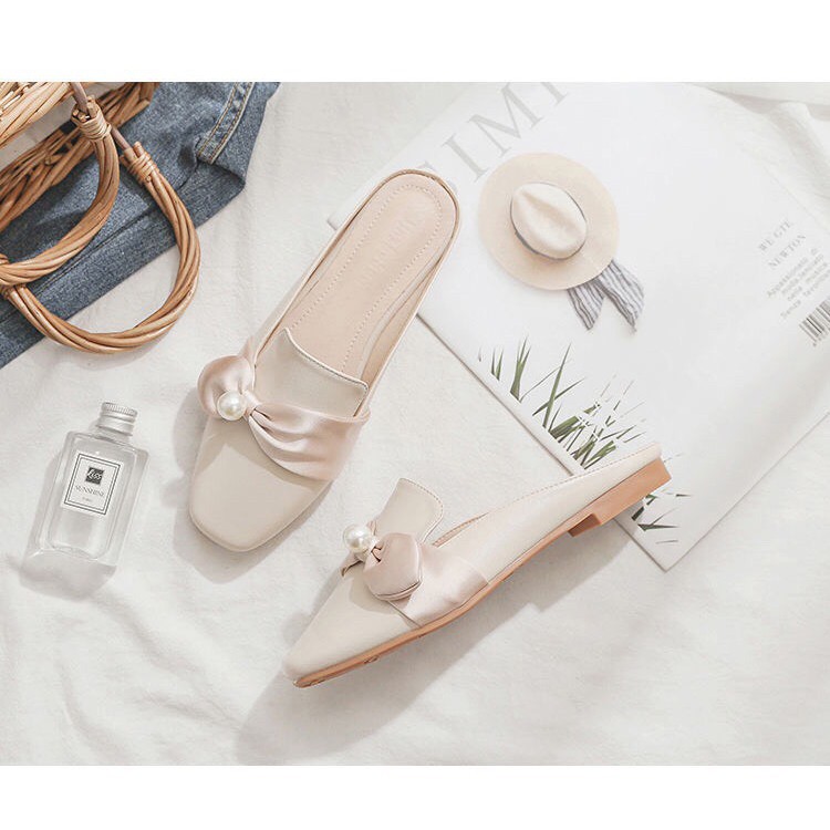 BEESHOES- GIÀY SỤC NƠ DA NHUNG MŨI VUÔNG - SỤC THỜI TRANG NỮ ĐẾ BỆT SIÊU ÊM VÀ MỀM MÀU KEM 2008031