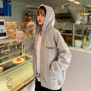 áo khoác nỉ kéo khóa có mũ dáng rộng phong cách Hàn Quốc