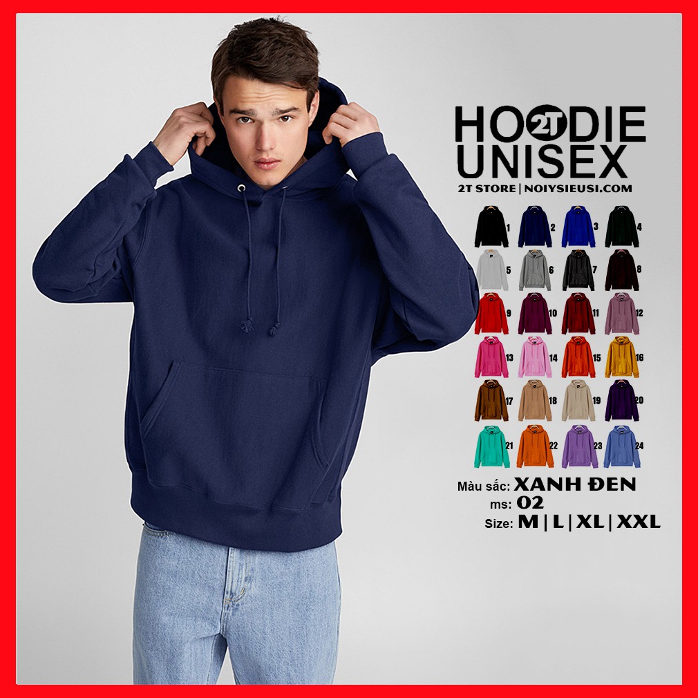 Áo hoodie unisex 2T Store H02 màu xanh dương đen - Áo khoác nỉ bông chui đầu nón 2 lớp dày dặn chất lượng đẹp