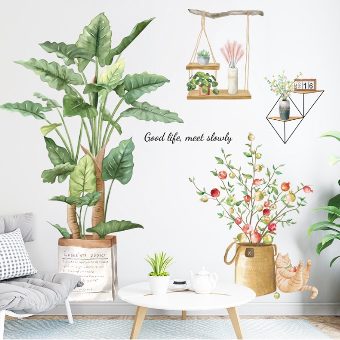 Decal trang trí tường - Cây dương và cây lựu hồng