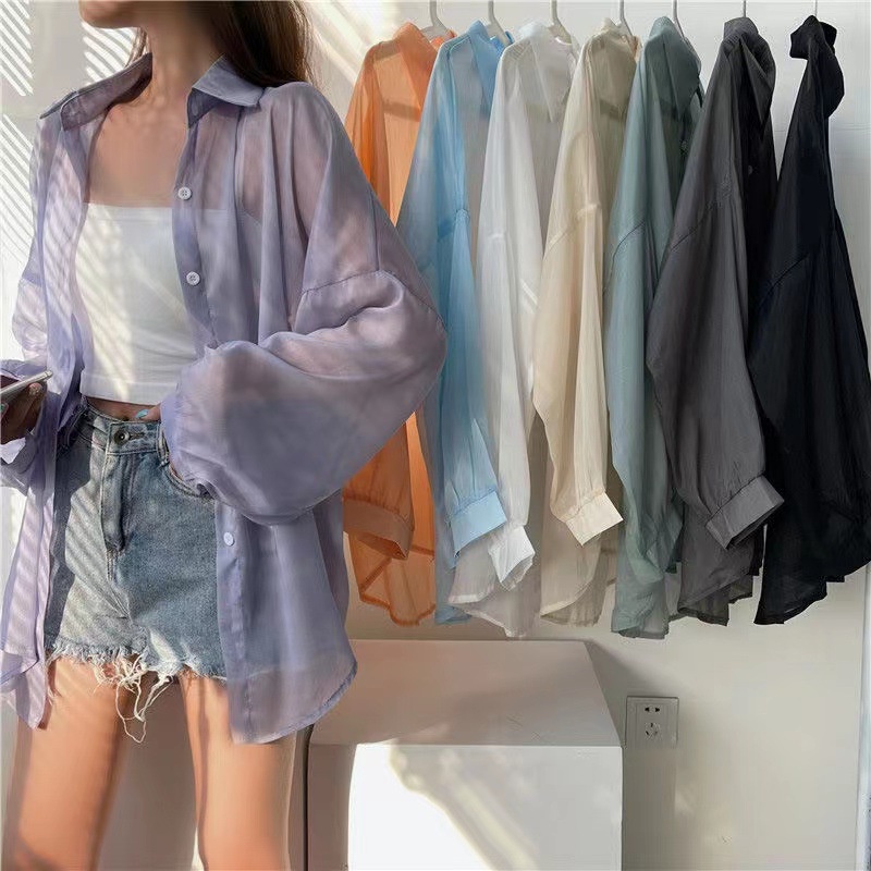 Áo Sơ Mi Tay Dài Dáng Rộng Mỏng Chống Nắng Đính Ngọc Trai Thời Trang Mùa Hè Xinh Xắn Cho Nữ