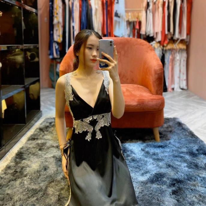 Váy ngủ sexy lụa satin đầm ngủ hai dây cổ V phối ren ngực xẻ tà cao gợi cảm