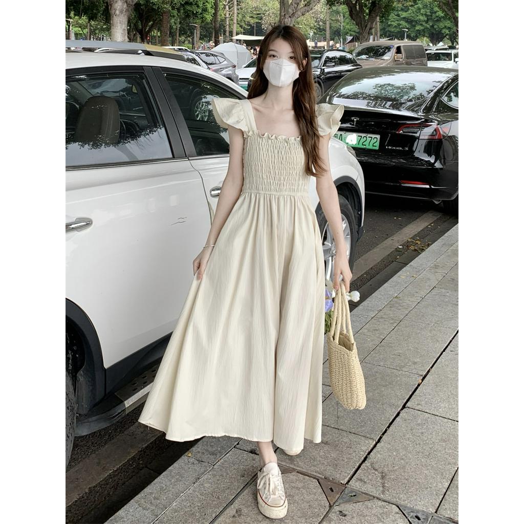 Đầm Đi Biển Cổ Vuông Màu Đen Phong Cách Vintage Dành Cho Nữ