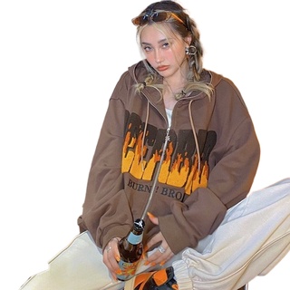 Áo Hoodie Zip Màu Nâu Thêu Thể Thao Hàn Quốc Oversize