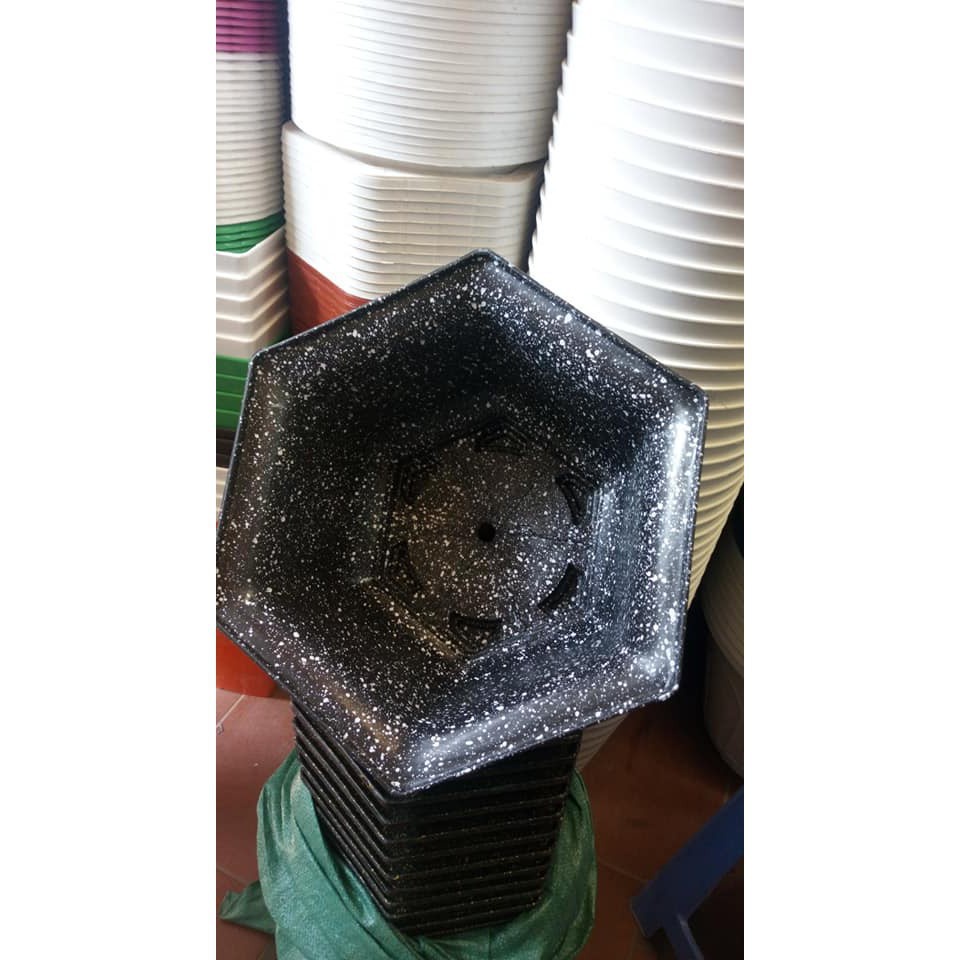 Chậu nhựa lục giác vân giả đá đen/Trắng/Đỏ viền hoa văn nổi loại 1 dày, cứng, đẹp