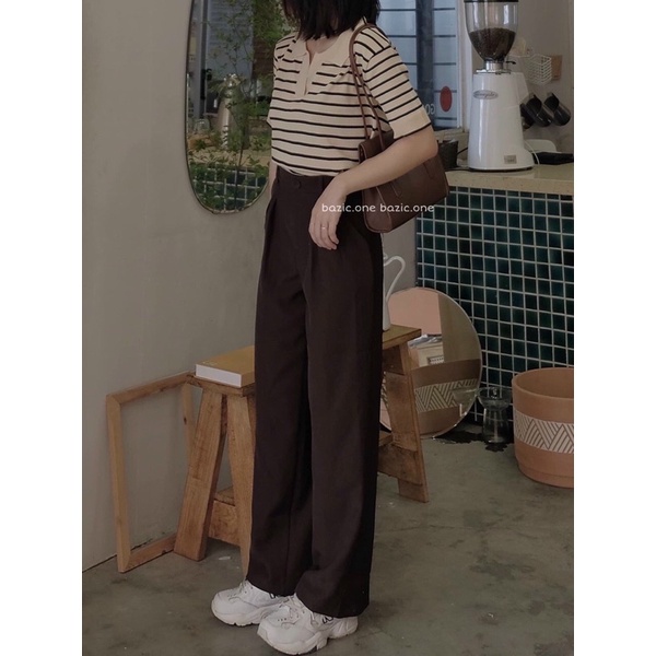 {Amanda} Áo croptop len cổ đức kẻ ngang co giãn mặc siêu thích. Áo polo co giãn kẻ hot trend. | BigBuy360 - bigbuy360.vn